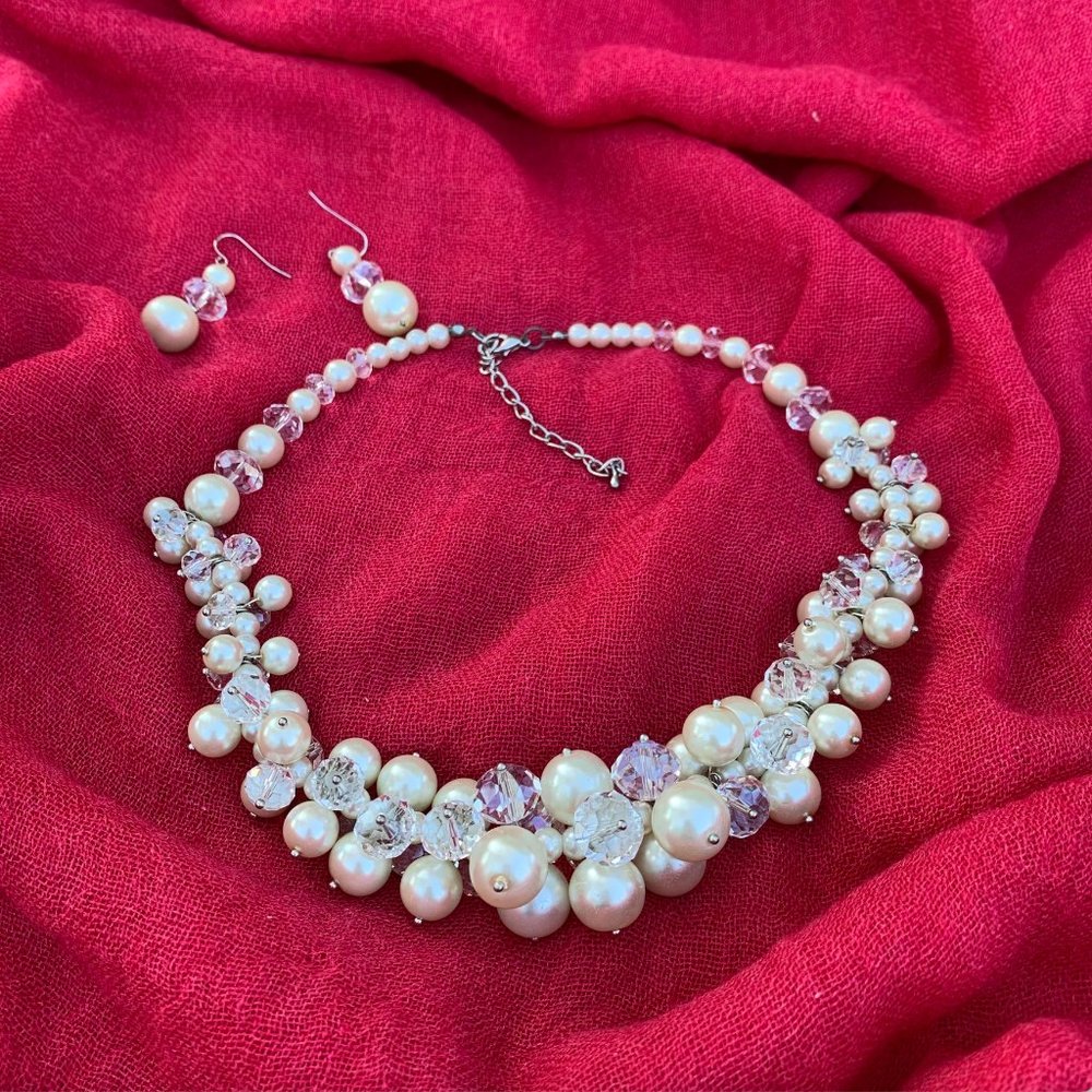 Pearl & Glass Bead Necklace & Matching Earrings